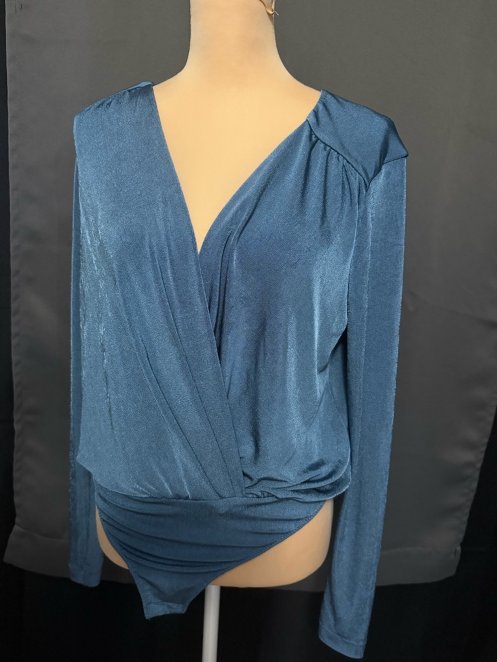 Blue Metallic Wrap-Front Bodysuit